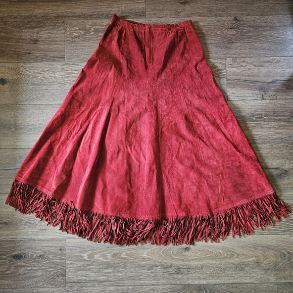 Double D Ranch Red Suede Leather Midi Skirt w/Tassels Ranchwear Western Cowgirl - Picture 3 of 7